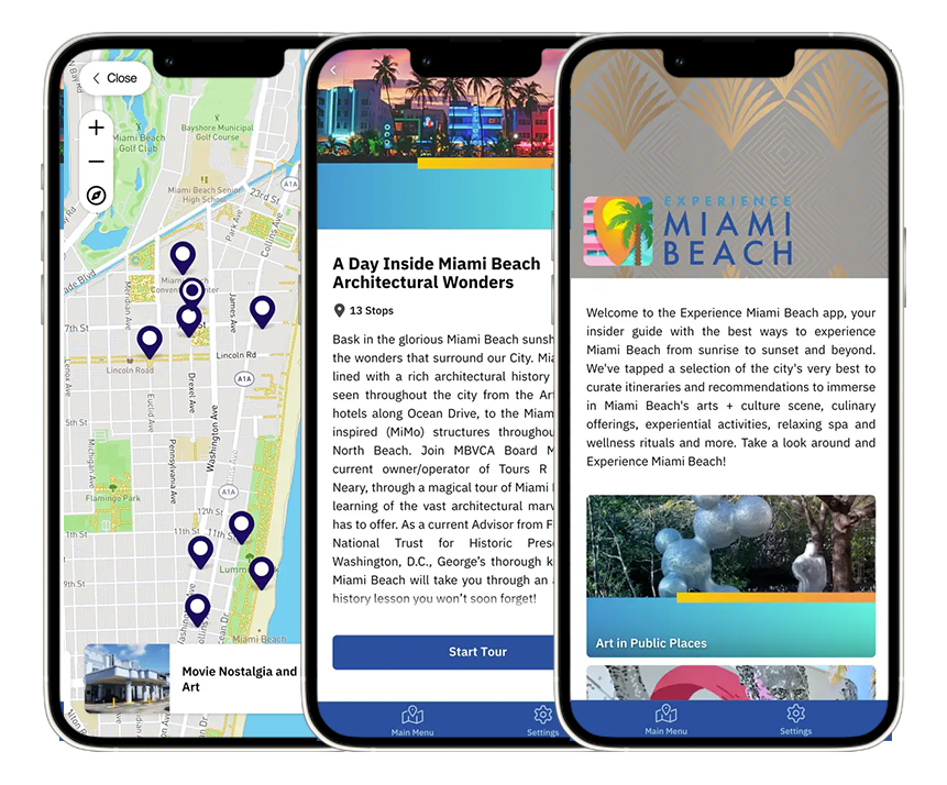 EXPMiamiBeach.Tours App on three iPhones