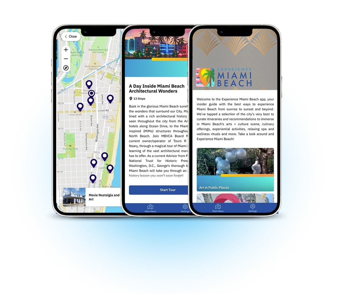 EXPMiamiBeach.Tours App on three iPhones